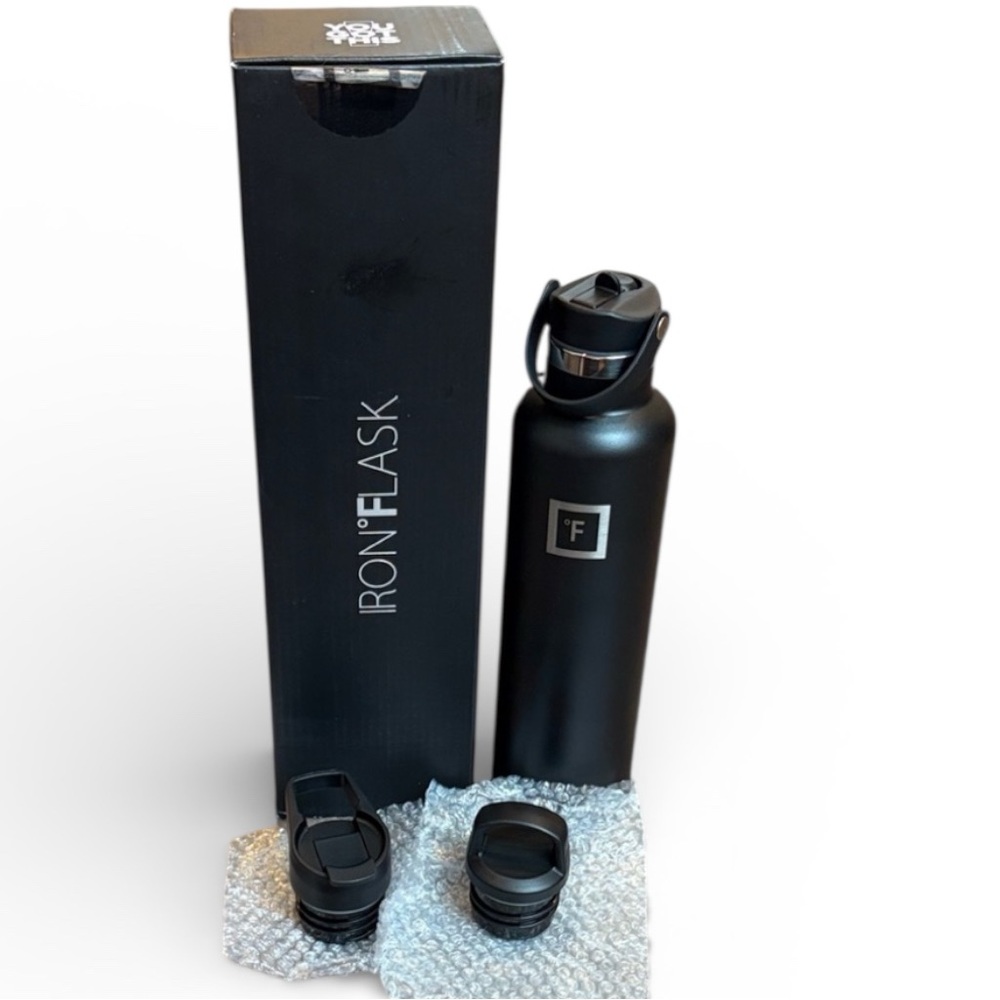 Iron Flask 24oz Stainless Steel Water Bottle Black Narrow Mouth Extra Lids NEW